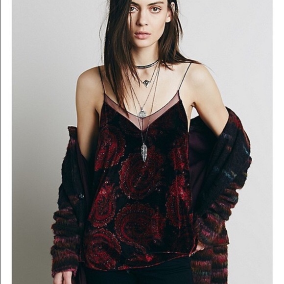 Free People Tops - Free People small Drippy Velvet Tank Top Cami Red Black Paisley